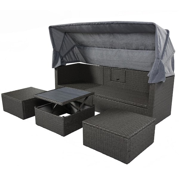 URTR 4-Piece Patio Furniture Set Outdoor Wicker Conversation Set Daybed with Retractable Canopy, Lifting Table, Gray Cushion
