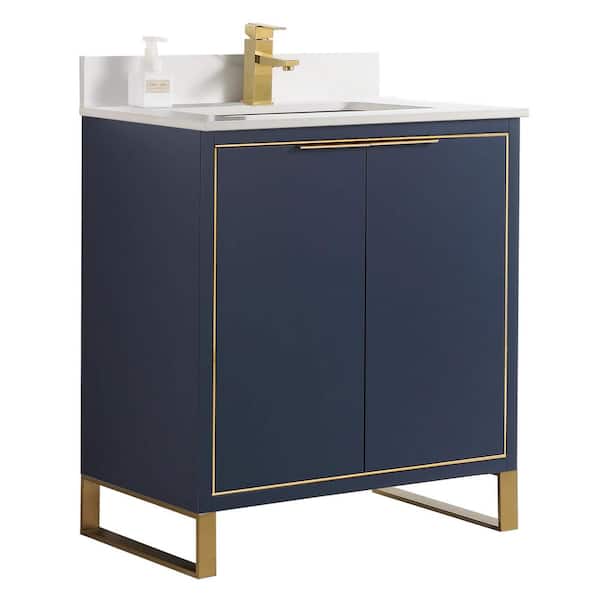 FINE FIXTURES Opulence 30 in. W x 18 in. D x 33.5 in. H Bath Vanity in Navy Blue with White Carrara Single sink Top