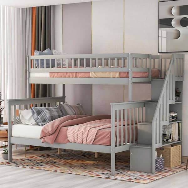 Polibi Gray Twin Over Full Stairway Bunk Bed with Storage