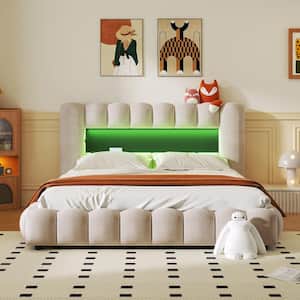 Wood Frame Queen Size Platform Bed with LED Headboard and USB, Beige