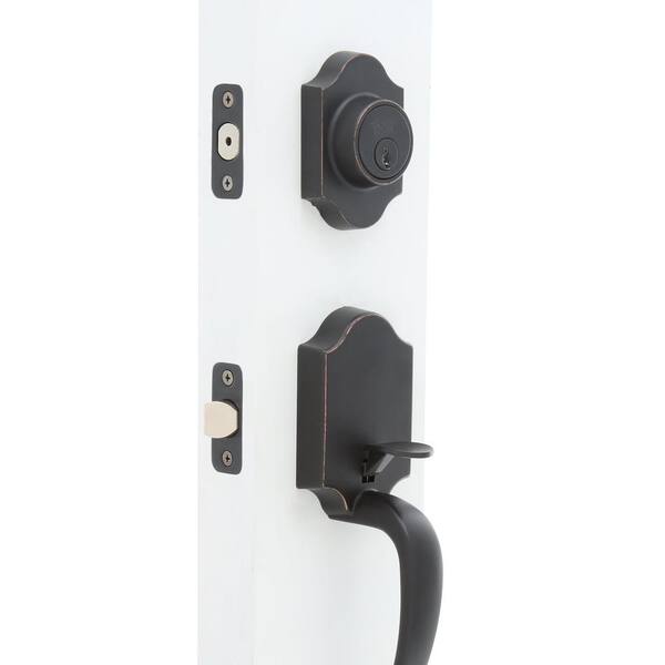 Sussex Oil-Rubbed Bronze Door Handleset with Springdale Lever Interior and Single Cylinder Deadbolt