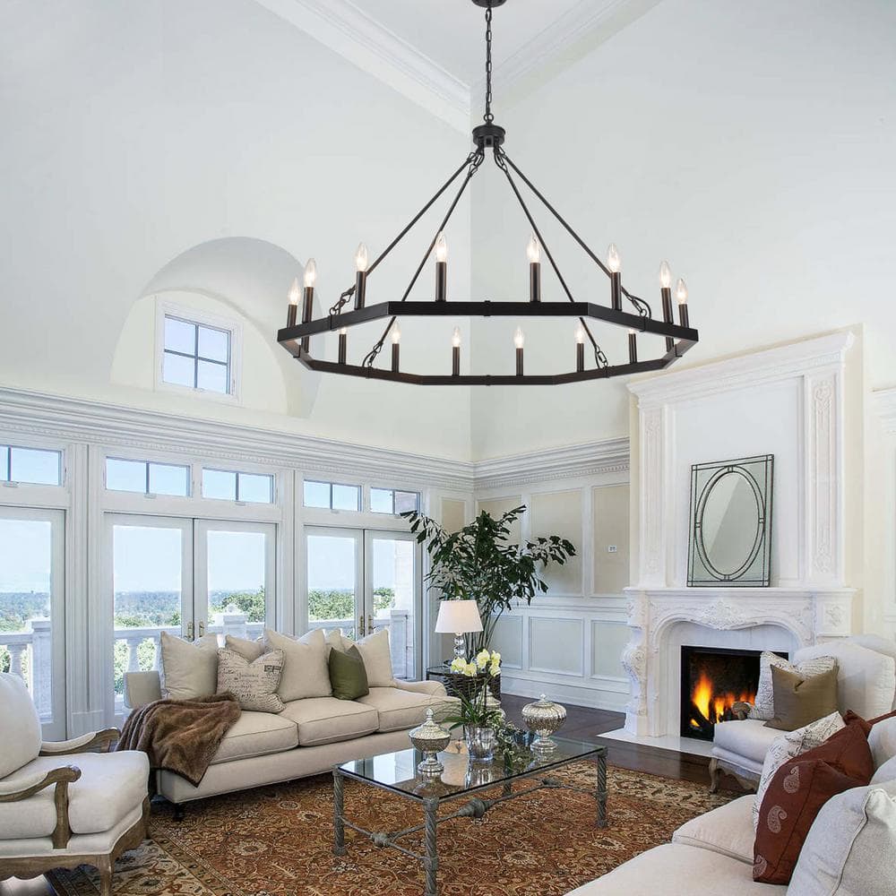 Black Metal 43-Inch Wagon Wheel Candle Chandelier