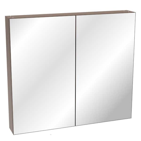 32 in. W x 28 in. H Rectangular Brown Medicine Cabinet with Mirror and ...