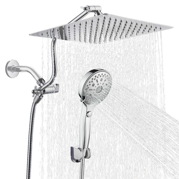 Rainfall Shower Head Combo 12-Spray 12 in. Wall Mount Dual Shower Heads and Handheld Shower Head with 1.8 GPM in Chrome