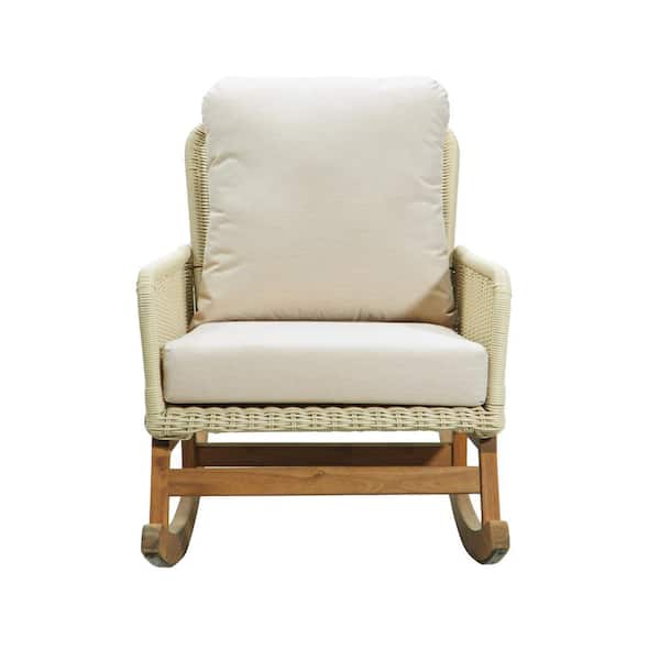 Unbranded Wicker Outdoor Rocking Chair with Ivory Soft Polyester Cushions and Durable Wooden Frame, for Patio Balcony Living Room