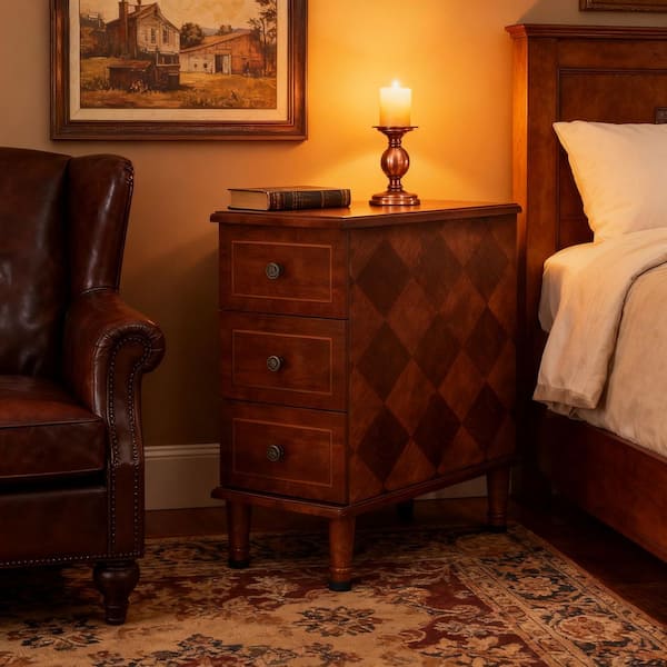 25 in. H Solid Wood Brown Rectangle End Table with 3 Drawers, No Assembly Vintage Side Table for Bedroom, Living Room