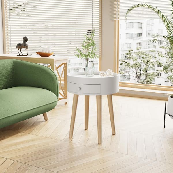 Boyel Living 15 in. White Round MDF End Table Side Table with Storage Drawer for Living Room Bedroom