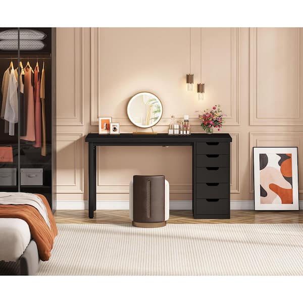 BYBLIGHT Helotes 39.4 in. All Black Makeup Vanity Desk with 5 Drawers, Modern Dressing Table with Reversible Drawers(Only Desk)