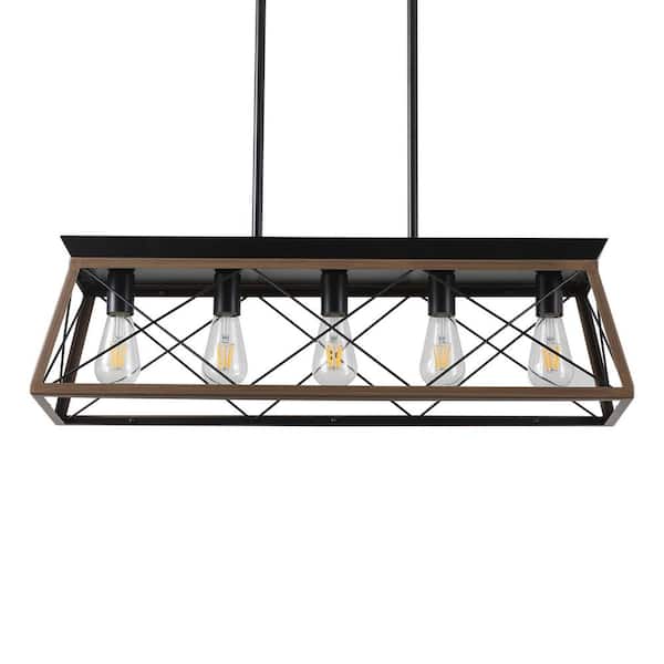 32 in. 5-Light Black/Walnut Farmhouse Linear Chandelier with Caged Metal Shade for Dining Room, Kitchen, Living Room