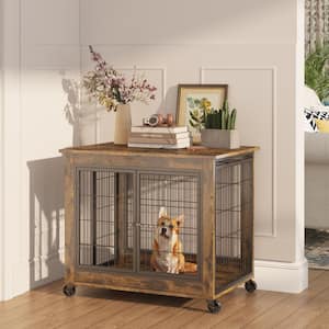 31.5 in. W Rustic Brown Furniture Style Dog Crate Side Table on Wheels with Double Doors and Lift Top