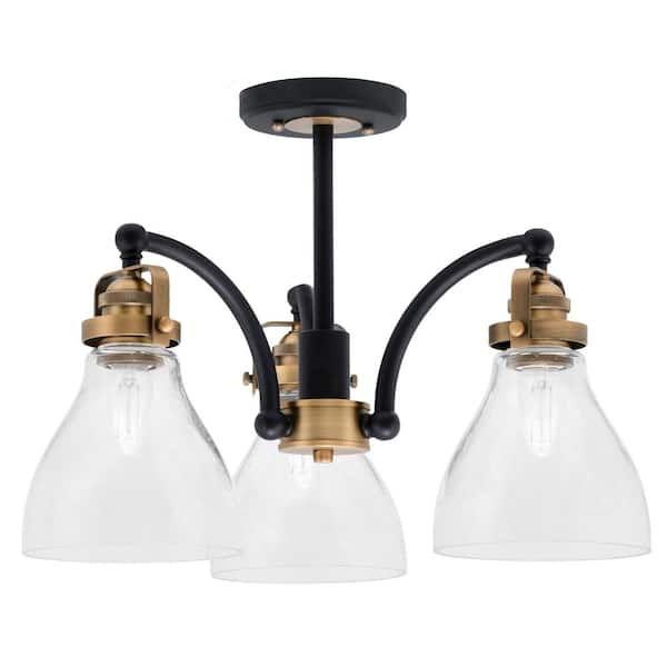 Unbranded Decatur 16.5 in. 3-Light Black and Brass Semi-Flush with 6.25 in. Clear Bubble Glass Shade No Bulbs Included