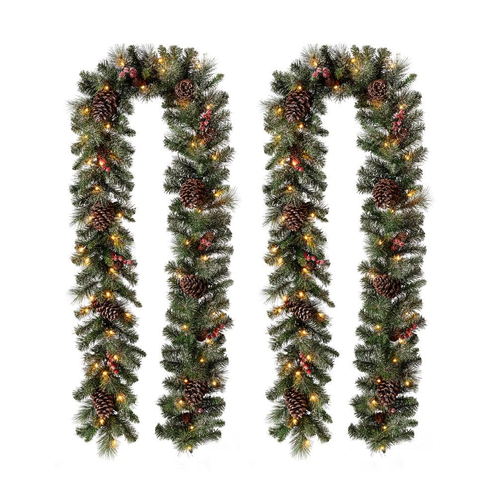 Glitzhome 2-Pack 9 ft. Pre-Lit Glittered Pine Cone Artificial Christmas Garland with Warm White LED Lights