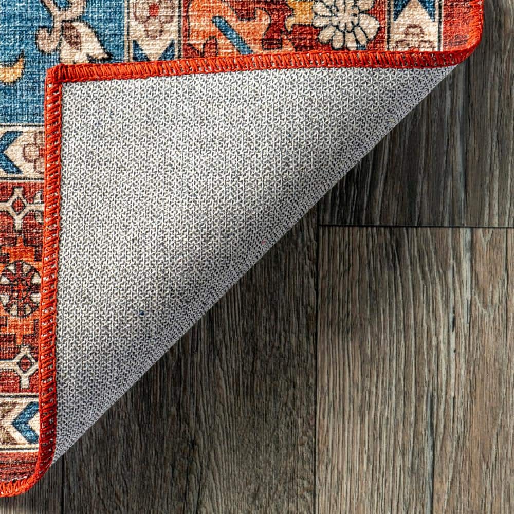 Hera Blue and Red Medallion Washable Synthetic Area Rug