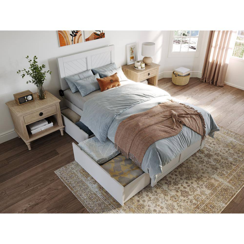 White Twin XL Wood Platform Bed with Chevron Headboard and Storage Drawers