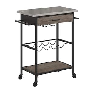 Nora Stainless Steel, Black Metal And Brown Multifunctional Kitchen Cart With Wine Rack and Pantry Storage