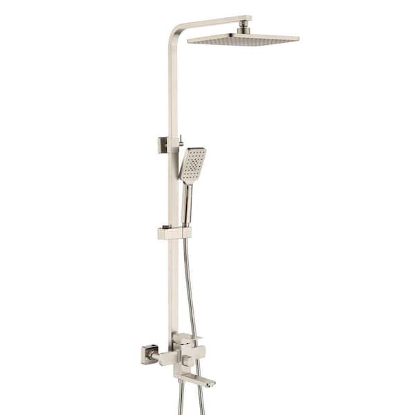 3-Spray Square Wall Bar Shower Kit w/ Hand Shower, Tub Faucet and Rotating Shower Head in Brushed Nickel(Valve Included)