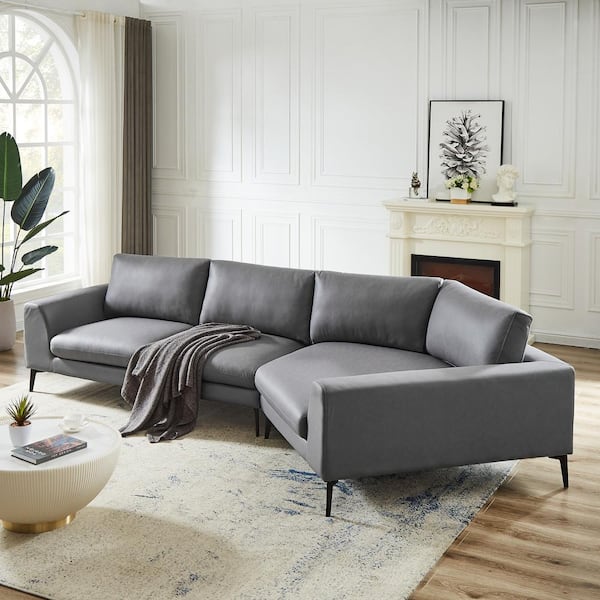Polibi 141.5 in. Square Arm Fabric Curved Sofa with Metal Legs in. Grey