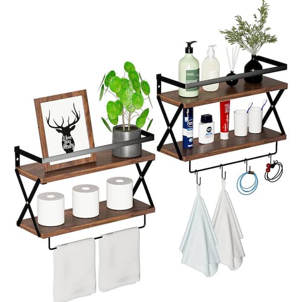 Unbranded 16.22 in. W x 5.83 in. D Wood Wall Shelf with Protective Metal Guardrail Tissue Rack, Decorative Wall Shelf - (Set of 2)