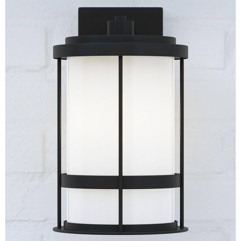 Black Satin Etched Glass Cylinder Outdoor Wall Lantern