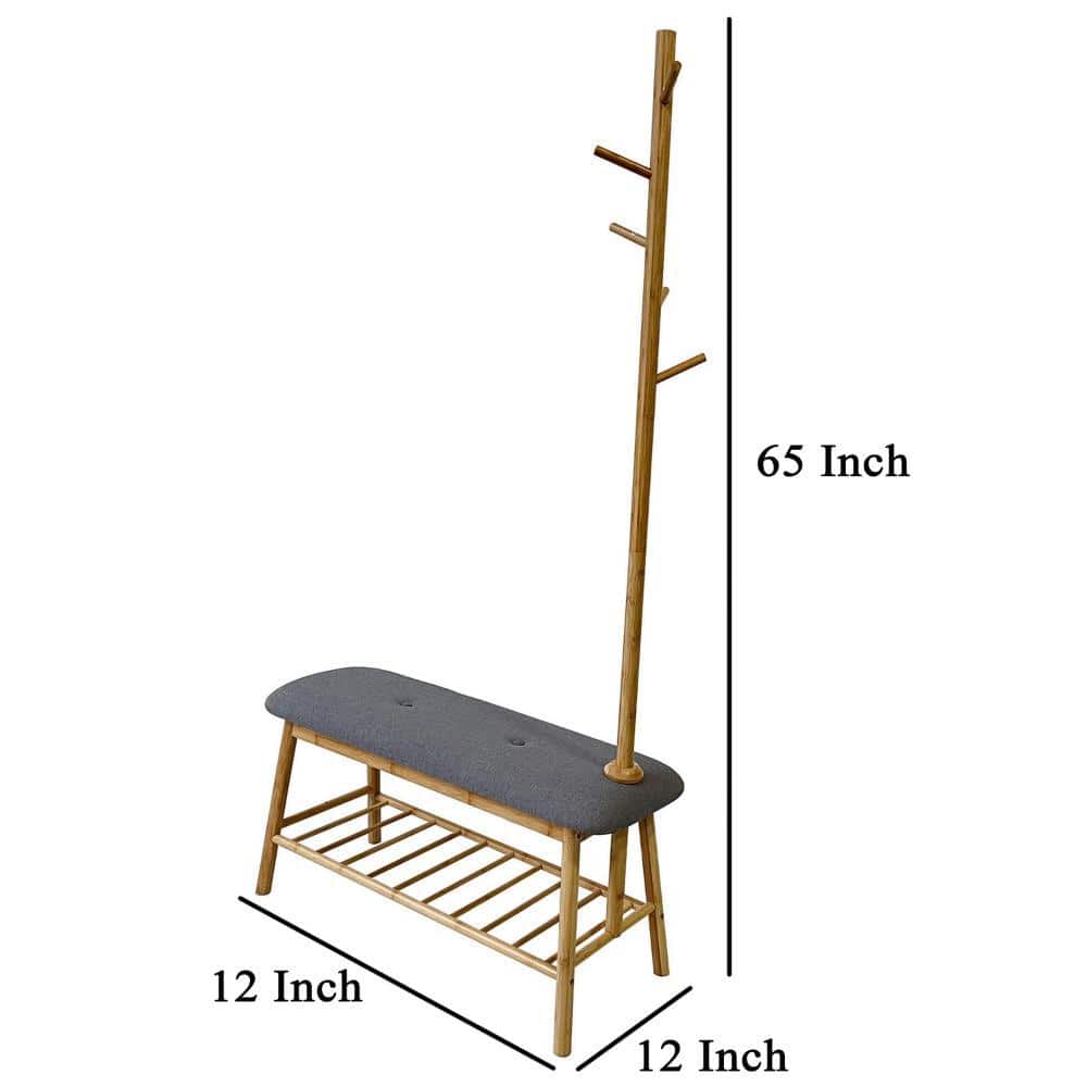 Gray Upholstered Hall Tree with Bamboo Frame and Storage Bench