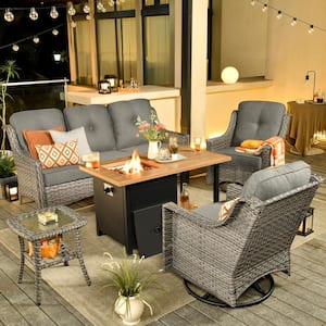 Alps Gray 5-Piece Wicker Patio Rectangular Fire Pit Set with Dark Gray Cushions and Swivel Rocking Chairs