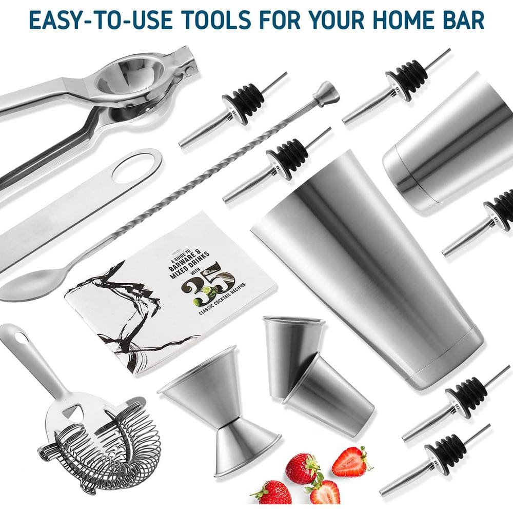 JoyTable 17-Piece Silver Stainless Steel Bartender Kit with Wood Stand