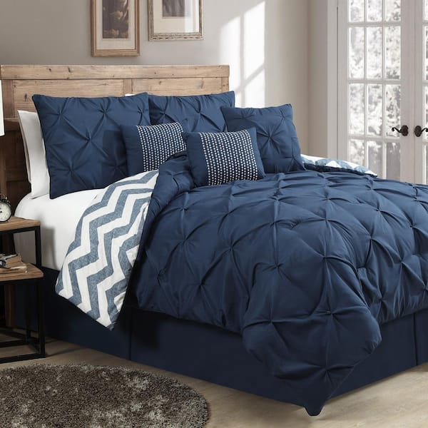Ella Pinch Pleat Navy King Reversible Comforter with Bedskirt