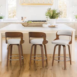 Edwards 26 in.Modern White Faux Leather Swivel Bar Stool with Solid Walnut Wood Frame Bentwood Counter Stool Set of 3