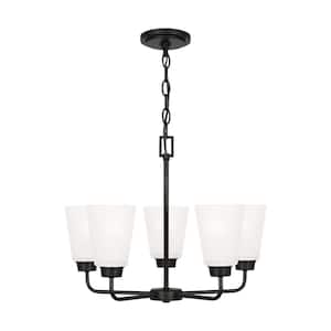 Kerrville 5-Light Midnight Black Traditional Transitional Single Tier Hanging Chandelier with Satin Etched Glass Shades