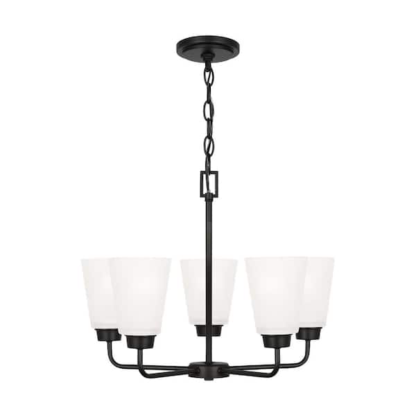 Generation Lighting Kerrville 5-Light Midnight Black Traditional Transitional Single Tier Hanging Chandelier with Satin Etched Glass Shades