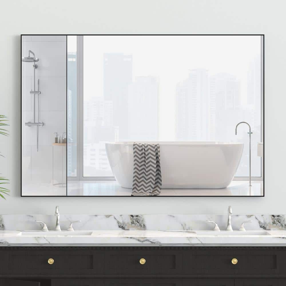 48 in. W x 32 in. H Rectangular Framed Wall Bathroom Vanity Mirror in Black