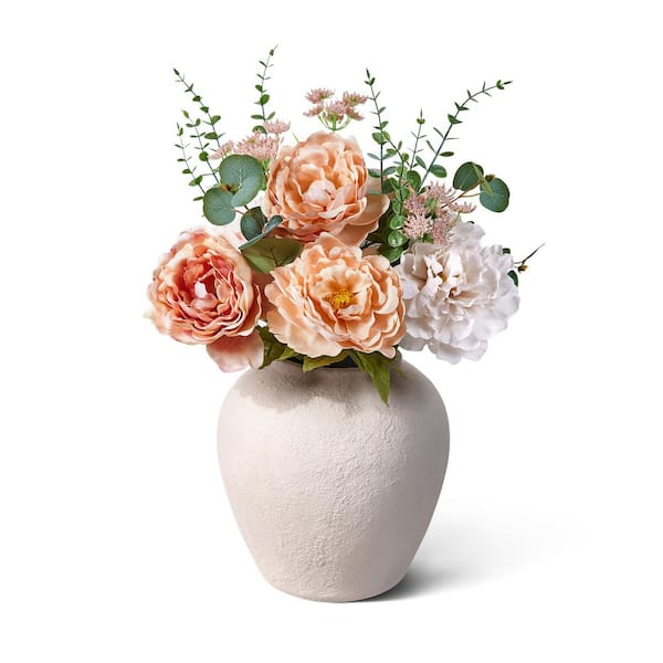 24in.Faux Silk Artificial Orange Peony Flowers UV Resistant Fake Flowers with Vase for Home Garden Decor