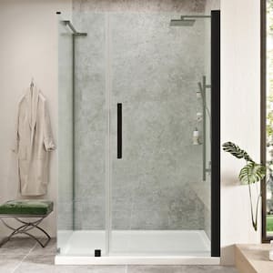 Pasadena 48in. L x 32in. W x 75in. H Corner Shower Kit w/Pivot Frameless Shower Door in Black w/Shelves and Shower Pan