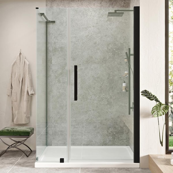 OVE Decors Pasadena 48in. L x 32in. W x 75in. H Corner Shower Kit w/Pivot Frameless Shower Door in Black w/Shelves and Shower Pan