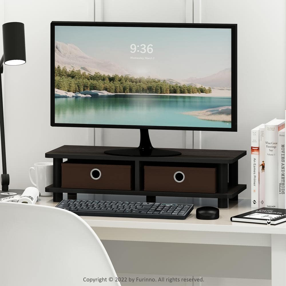 Espresso and Black Wood Monitor Stand with Storage Bins