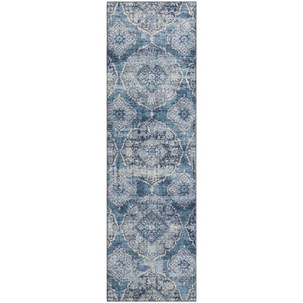 Mayfield Premium Machine Washable Abstract AMF2196 Denim 2 ft. x 7 ft. Runner Rug