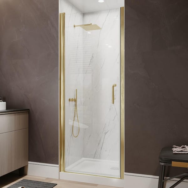 Victoria 30 to 32 in. W x 72 in. H Pivot Swing Frameless Shower Door in Brushed Gold with Clear Glass