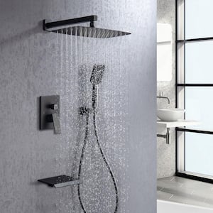 1-Handle 3-Spray Square High Pressure Shower Faucet Waterfall Spout 12 in. Shower Head in Matte Black (Valve Included)