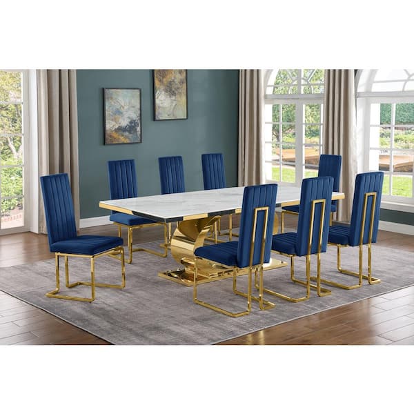 Best Quality Furniture Ibraim 9-Piece Rectangle White Marble Top Gold Stainless Steel Dining Set with 8 Navy Blue Velvet Gold Chrome Iron Chair