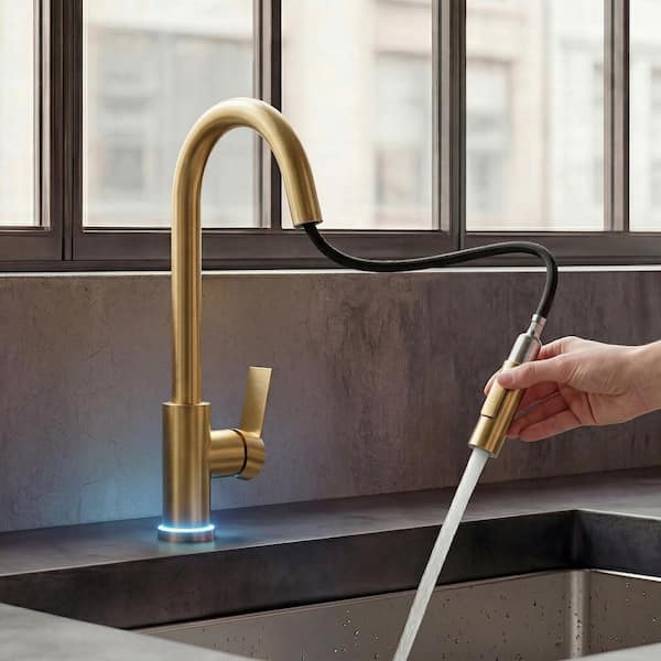 16 in. H LED Stainless Steel 1-Handle Pull Down Sprayer Kitchen Faucet Hot and Cold with 360° Swivel in Brushed Gold