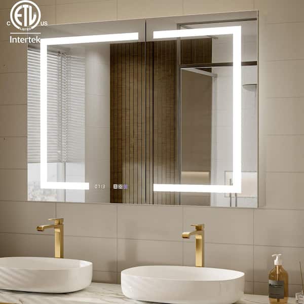 44 in. W x 30 in. H Silver Aluminum Rectangular Recessed/Surface Mount LED Medicine Cabinet with Mirror and Dimming