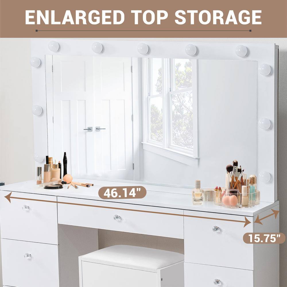 White 4-Drawer Makeup Vanity Set with LED Mirror, Stool, and 4-Shelf Storage Organizer - thumbnail 2