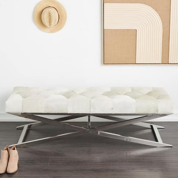 Litton Lane 19 in. Gray Upholstered Tufted Bench with Silver Metal Diagonal Base
