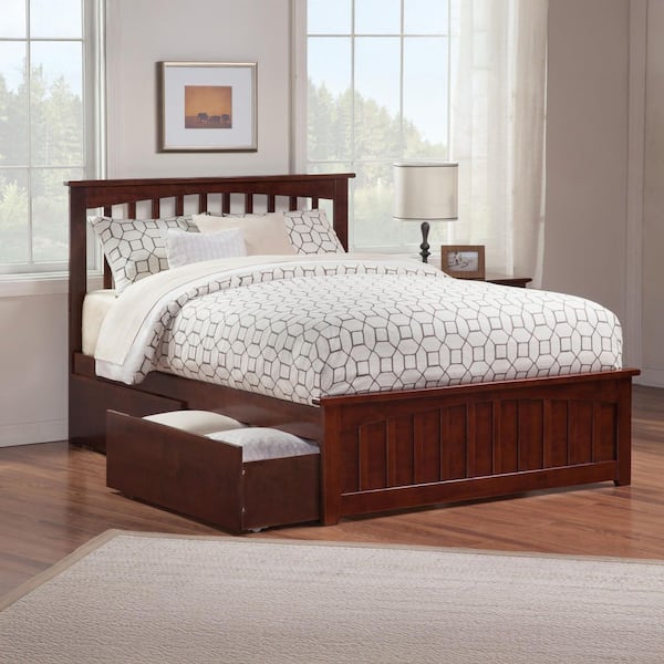 Mission Walnut Queen Solid Wood Storage Platform Bed with Matching Foot Board with 2 Bed Drawers