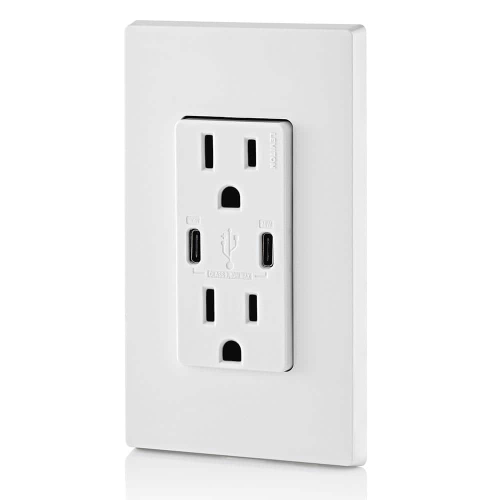 White 15A Tamper-Resistant Outlet with Dual USB Type-C Ports