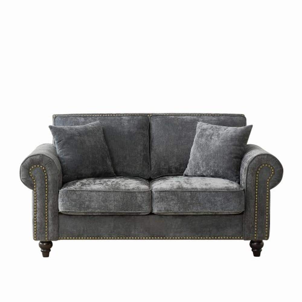 Modern Collection 63 in. Rolled Arms Chenille 2-Seater Sofa with Nailhead Trim and Wood Legs in Gray price history on PriceWatchPro