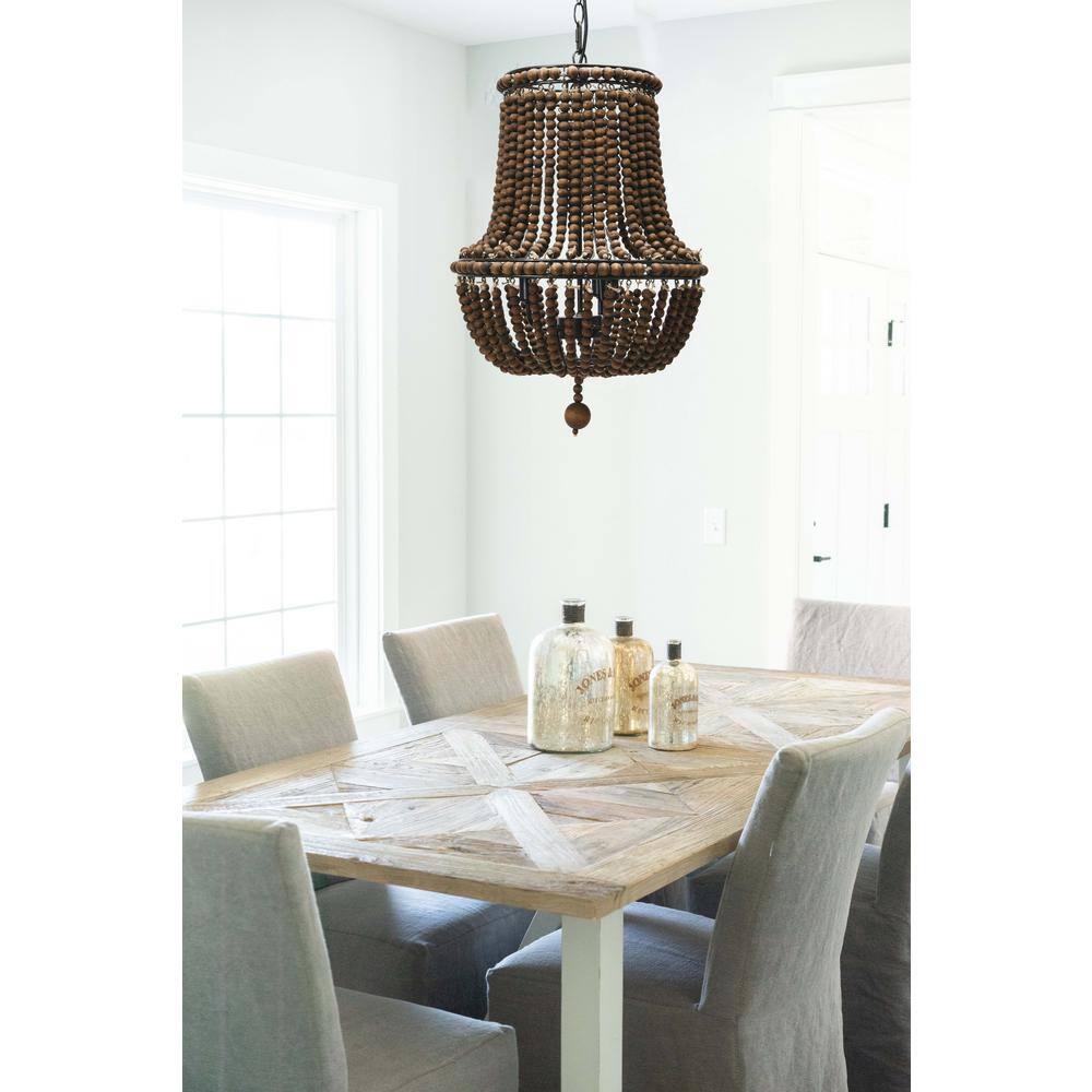 Espresso-Washed Wood Bead Chandelier with Brushed Metal Base