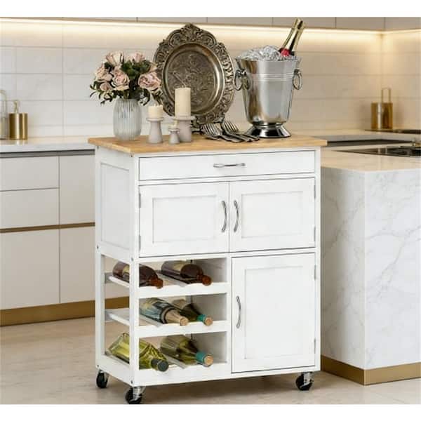 Mobile Wood 26.4 in. White Kitchen Island Portable Kitchen Cart with Drawer