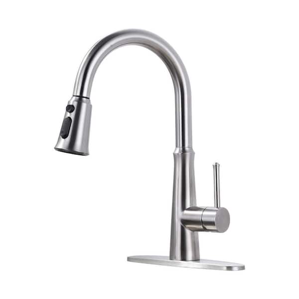VEVETTA Brushed Nickel 15 in. H Single Handle Pull Down Sprayer Kitchen Faucet with 360° Spout Swivel and 3-Spray Mode
