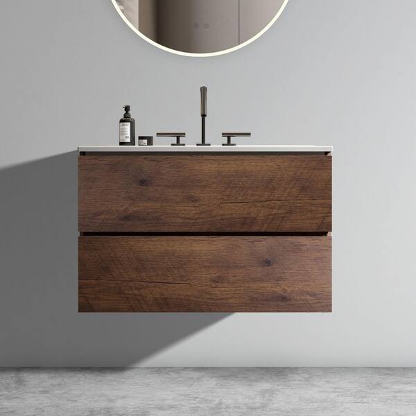 30 in. Single Sink Floating Walnut Bath Vanity with White Ceramic Top (Assembled), DTC Soft-closing Drawers